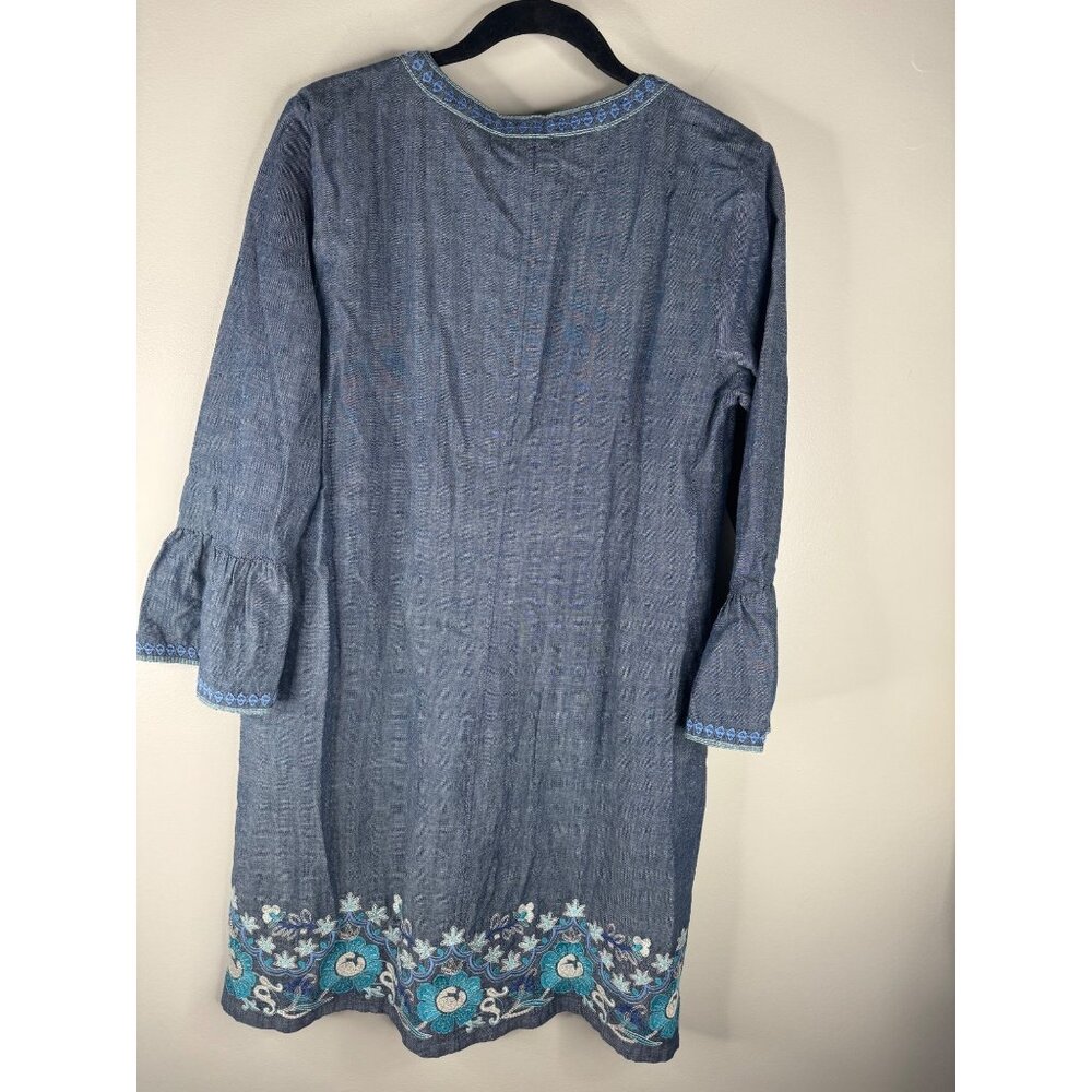 NWT Johnny Was Ruffle Sleeve Embroidered Dress Kikio Denim Blue V-Neck Size S - Picture 9 of 10